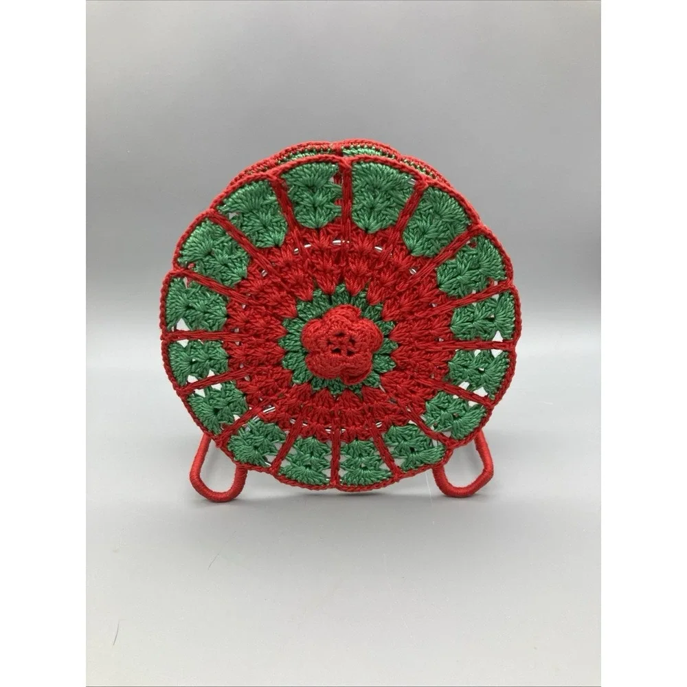 Vintage Crocheted Napkin Holder: Red And Green Metal Frame Round Floral Pattern